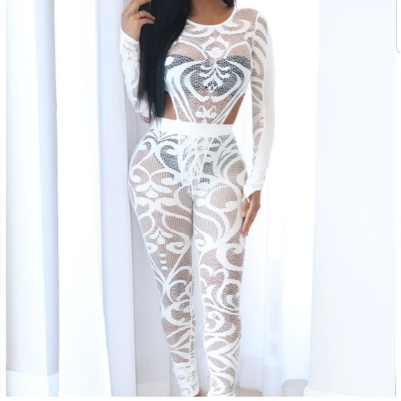 Fashion Nova Pants - Sheer White Lace Bodysuit & Pants Set Fashion Nova Size Large Sexy Leggings Y2K